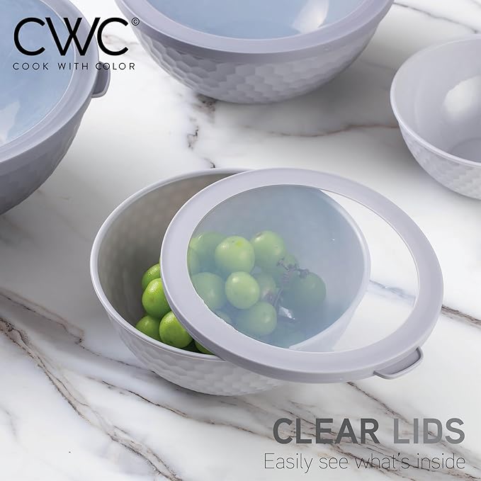 COOK WITH COLOR Mixing Bowls with Lids - 12 Piece Plastic Nesting Bowls Set includes 6 Prep Bowls and 6 Lids, Microwave Safe Mixing Bowl Set, Grey Embossed