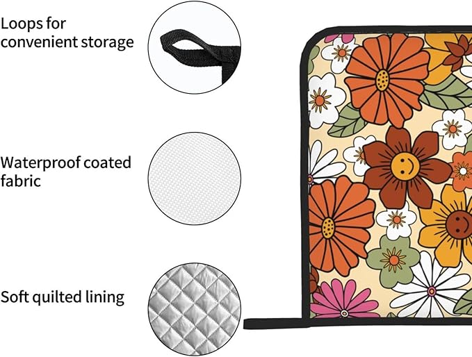 Boho Pot Holders 2PCS,Potholders for Kitchen Heat Resistant Microwave Cooking Baking Oven and Dishes and BBQ Gifts for Women(Retro Groovy Flower)