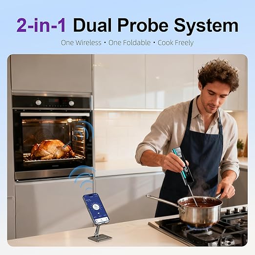Meat Thermometer with 2 Probes, RGB Cooking Progress Light, LCD Base, Smart APP Control, IPX8 Waterproof, Digital Food Thermometer Wireless for Grill, Smoker, Oven, Sous-Vide & Rotisserie