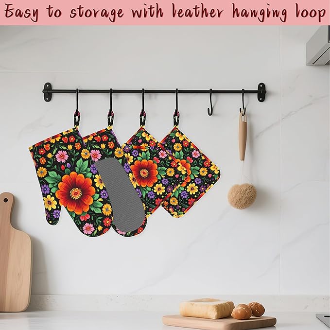 Vintage Colorful Floral Mexican Oven Mitts and Pot Holders (4PCS),Heat Resistant Non-Slip Silicone Kitchen Gloves for Cooking, Baking, BBQ Waterproof Kitchen Accessories