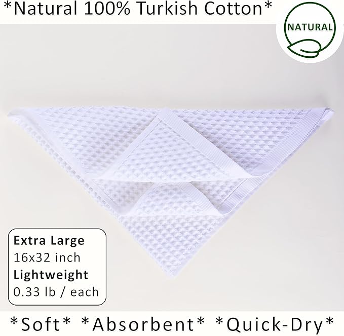PÜSKÜL Natural 100% Turkish Cotton Waffle Kitchen Towels Set of 3 | Oeko-Tex, Premium Waffle Hand Towels for Bathroom | Soft Absorbent Quick-Dry Lint-Free Dish Towel Large 32x16 inch (3, White)