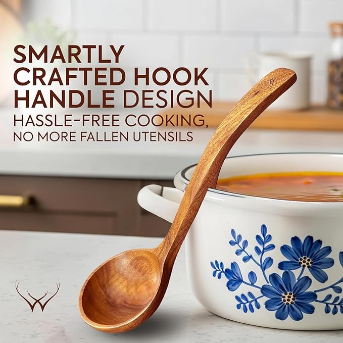 2Pcs Wooden Ladle Set included Teak Wood Soup Spoons with Hook Handles for Cooking wih Large Spoon Rest, Serving, Stirring – Non-Stick Wooden Spoons for Pot & Bowl