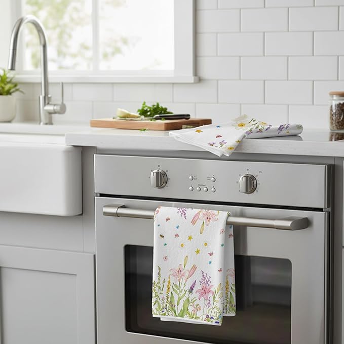 2Pcs Wild Flower Kitchen Towels-16×24in Spring Floral Kitchen Dish Towels, Absorbent & Quick Dry Hand Tea Towels for Holiday Home Decor Easter Mother‘s Day Gifts