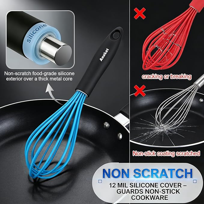 Anaeat Silicone Balloon Whisk, Perfect for Non-Stick Cookware, Milk and Egg Beater Blender, Heat Resistant Kitchen Whisks for Whisking, Cooking, Baking, Beating, Frothing & Stirring (Blue)