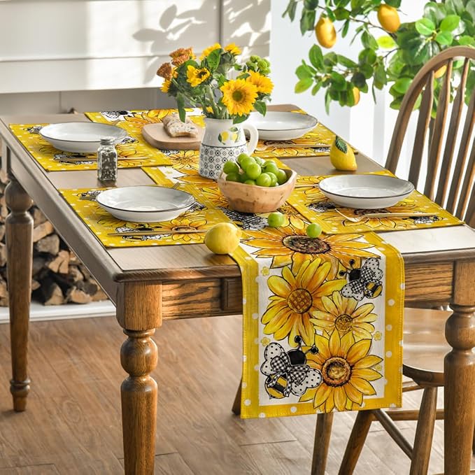 Artoid Mode Sunflower Bee Flower Polka Dot Summer Placemats Set of 4, 12x18 Inch Spring Table Mats for Table Runner Party Kitchen Dining Decoration
