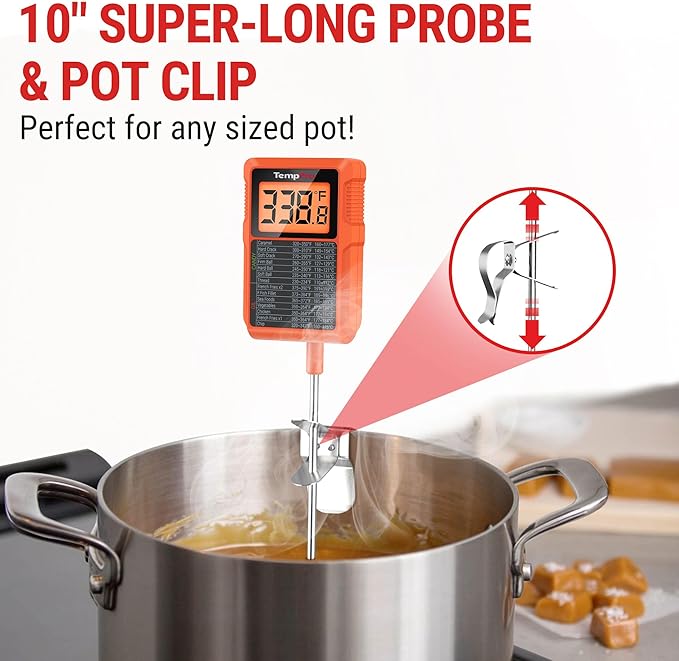 TempPro TP510 Waterproof Digital Candy Thermometer with Pot Clip, 10" Long Probe Instant Read Food Cooking Meat Thermometer for Grilling Smoker BBQ Deep Fry Oil Thermometer(Previously ThermoPro)