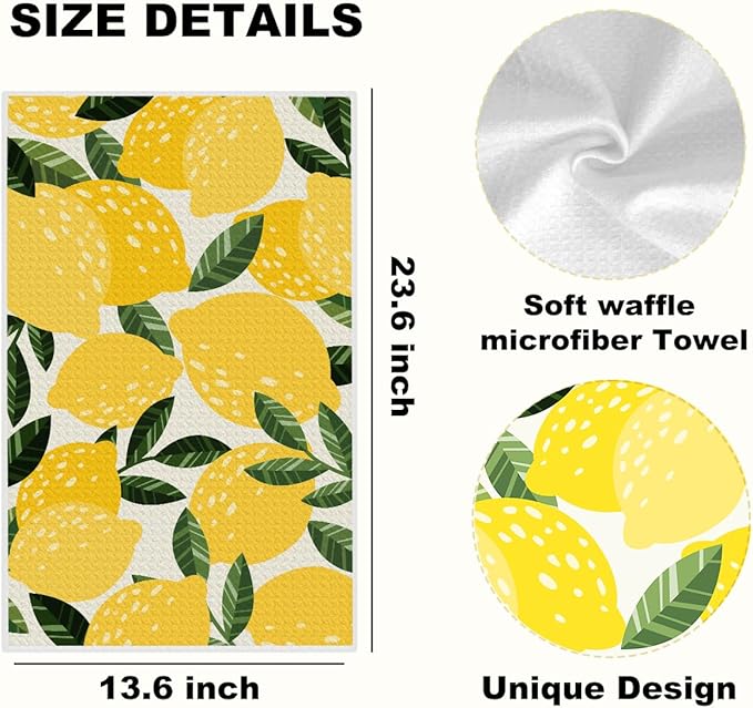 3Pcs Lemon Kitchen Towels 24x14 Inch, Reusable Cleaning Dish Towels for Home Kitchen Bathroom Farmhouse Decor, Waffle Weave Absorbent Hand Cloth Tea Towel, Lemon Gifts for Women Mom Friend Grandma