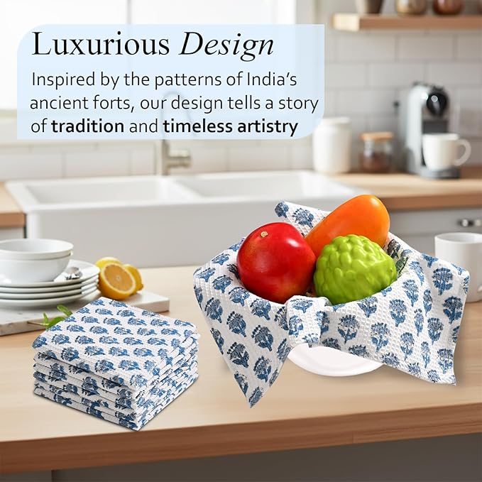 CPC Apatite Blue Hand Block Printed Cotton Waffle Dish Cloth Set of 12-12x12 Inch Super Absorbent, Soft, Reusable Kitchen Towels for Dish Drying & Cleaning Ideal for Spring, Mother's Day