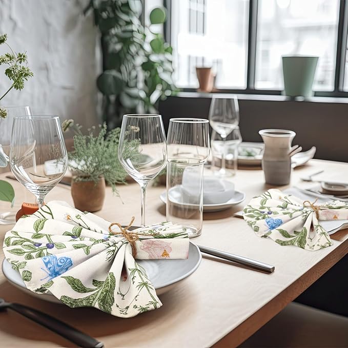 Funnymoom 24 Pcs Herbs and Wild Flowers Cloth Napkins Floral Plants Reusable Napkins Country French Toile Dinner Soft Absorbent for Summer Holiday Party