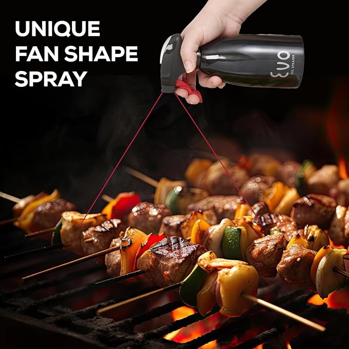 Evo Oil Sprayer 18/8 Stainless Steel, Non-Aerosol for Olive, Cooking Oils, and Vinegars, Black, 16-Ounce Capacity