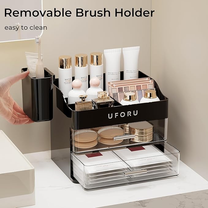 Makeup Organizer for Vanity with Brush Holder, Countertop Skincare Organizer with 2 Drawers, Spacious Cosmetic Display Case for Perfumes, Cologne, Shaving Lotion