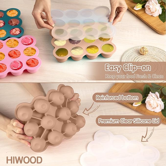 Baby Food Storage Containers 12 x 1.5OZ Silicone Freezer Tray with Lid, Food Grade Silicone Freezer Tray Containers for Purees & Vegetables Light Brown