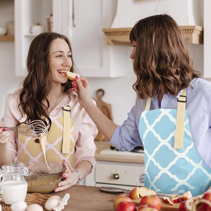 2 Pieces Aprons for Women with Pockets, Cotton Linen Waterproof Kitchen Cooking Aprons, Chef Apronfor Men Women with Adjustable Neck Strap and Long Ties(Blue/Yellow)