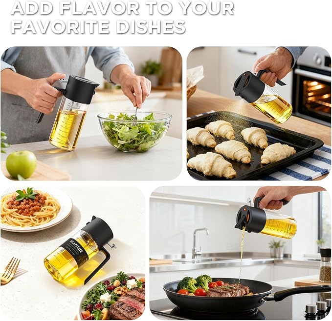 PLAPITATE 17oz/500ml Premium Olive Oil Sprayer for Cooking, 2 in 1 Glass Olive Oil Dispenser Bottle for Kitchen Gadgets, Spray Bottle with Portion Control for Salad, Frying, BBQ (Black)