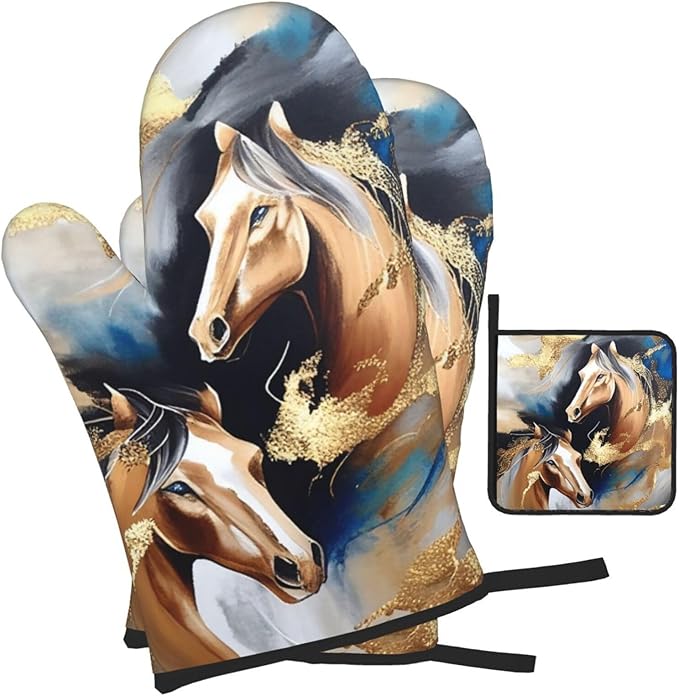 Horse Oven Mitts and Pot Holders Sets of 3 Modern Kitchen Decor Heat Resistant Hot Pads Funny Oven Gloves for Cooking Grilling Baking
