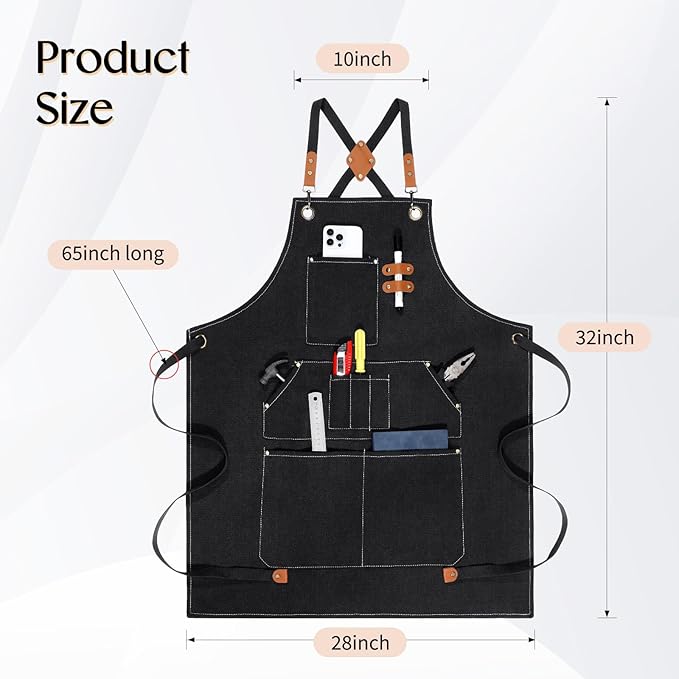 Work Apron for Men Women with 9 Pockets, Black Cross Back Chef Aprons 14oz Cotton Canvas, Tool Apron for Woodworkers Kitchen Cooking, Size M to XXL