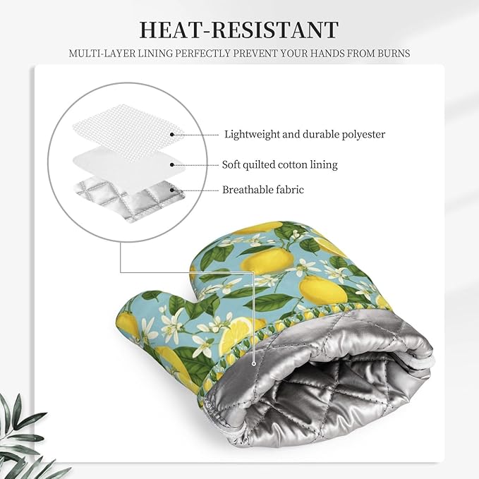 Lemon Silicone Oven Mitts Set of 2, Heat Resistant up to 500°F, Kitchen Oven Gloves with Non-Slip Grip and Soft Cotton Lining for Baking, Cooking and BBQ