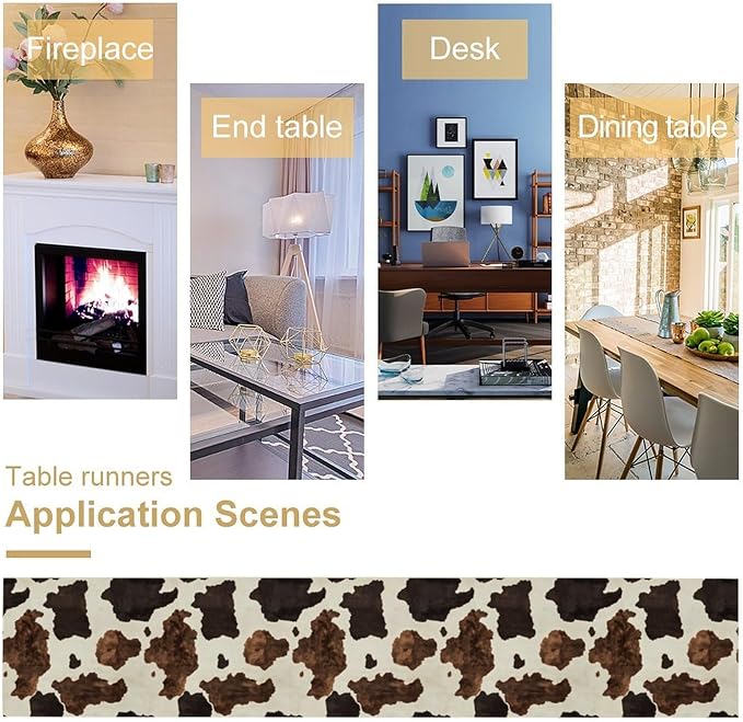 Cow Print Table Runner Country Farmhouse Cottage Cowhide Print Art Printed Runner for Home Kitchen Dining Table Living Room Decor Fabric 1 Panel W13xL120in