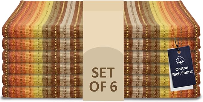LFH Home Cotton Rich Cloth Salsa Napkin Set of 6 Washable Soft Durable Striped Table Napkins for Dining Wedding, Daily Use Reusable Eco-Friendly Napkins for Elegant Table Settings(18x18)-Orange