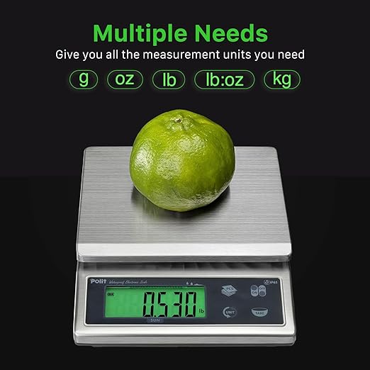 Polit Sun IP65 Waterproof Rechargeable Food Scale — 13lb/6kg High-Precision 0.5g HACCP Kitchen Scale with 150h Battery, Stainless Steel Platform & Green LCD for Seafood, Baking, Restaurant Prep