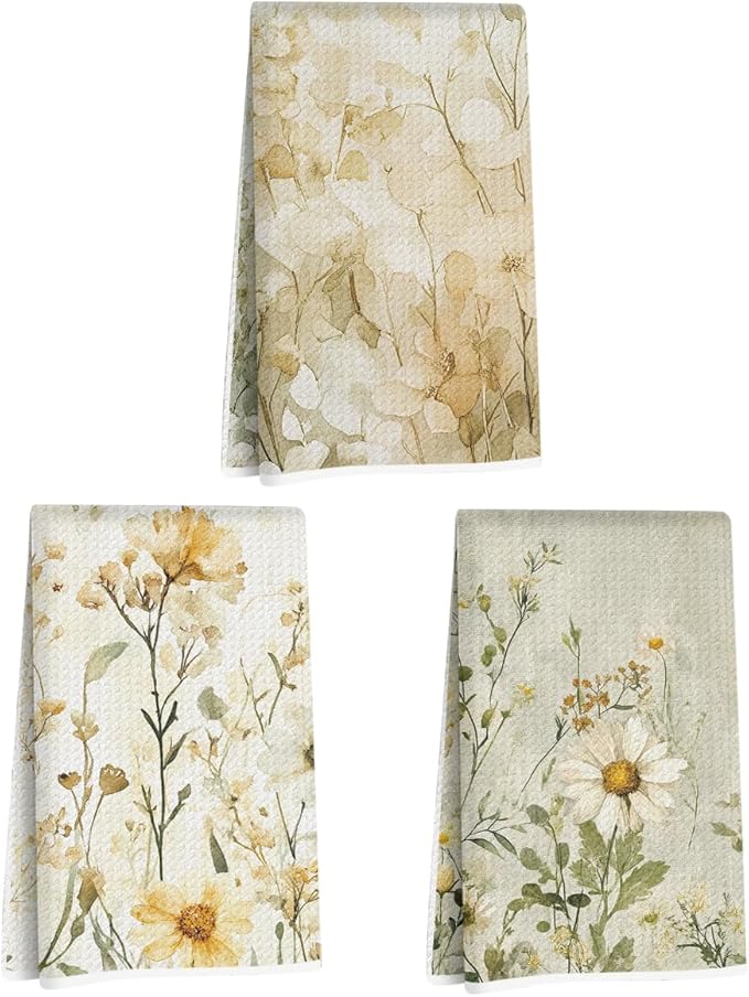 3 Pcs Floral Kitchen Towels, Cottage Core Decorative Absorbent Microfiber Dish Cloth Tea Towel, Durable Waffle Hand Towels for Farmhouse Home Bathroom, Housewarming Gifts for Women
