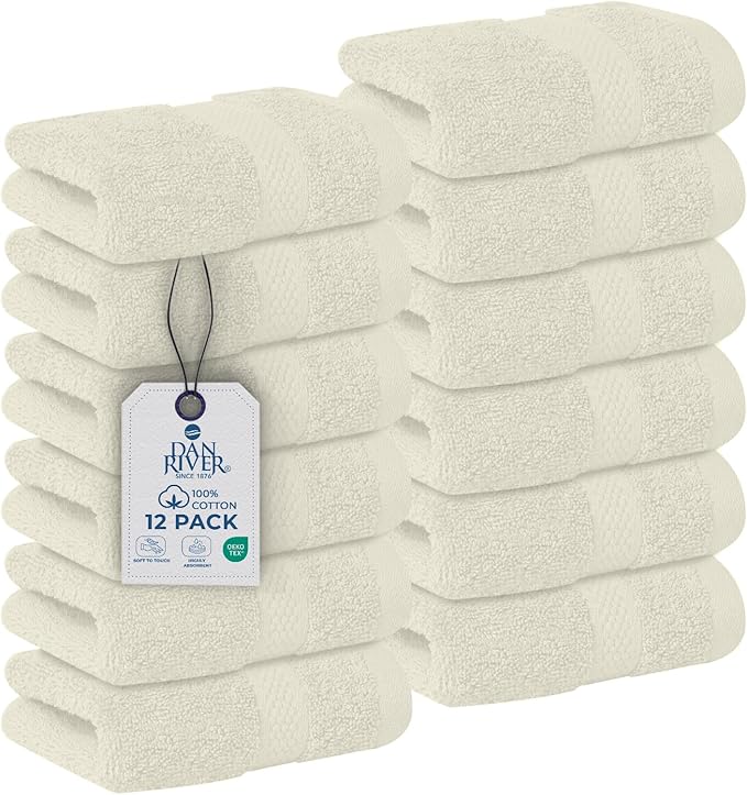 DAN RIVER 12-Pack Premium 100% Cotton Ivory Face Towels for Bathroom - Reusable Face Wash Cloths for Showering 12x12 Inches - 550 GSM Super Soft & Absorbent Luxury WashCloths for Body, Spa & Gym