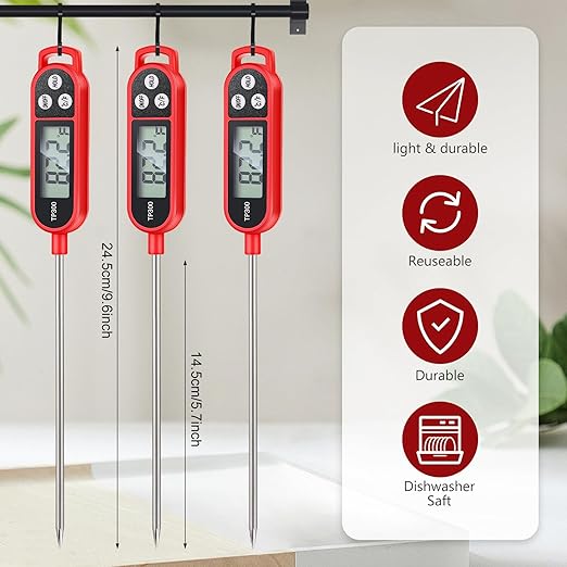 Copkim 6 Pcs Instant Read Meat Thermometer with Long Probe 9.65 Inch Kitchen Cooking Food Candy Waterproof Digital Thermometer for BBQ Water Milk Yogurt Liquid Cooking(Red)
