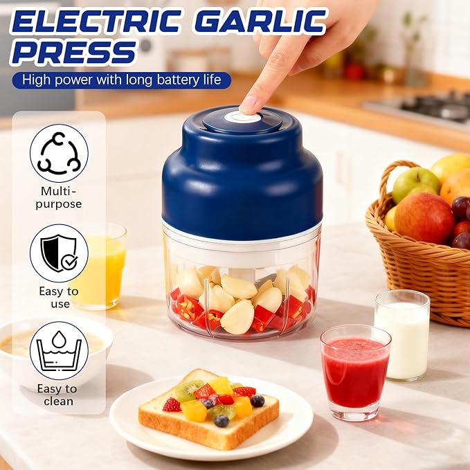Electric Garlic Chopper,Upgrade Electric Mini Garlic Chopper Set,New Small Garlics Choppers Mincer,USB Rechargeable,Wireless Veggie Grinder,for Mashing Onion,Garlic,Chili,Ginger(Blue,250ML)