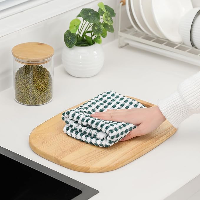 SALAS Cotton Dish Towels Cloths for Kitchen Drying Dishes, Lattice Terry Towels, Highly Absorbent Kitchen Cloths with Hanging Loop, 16‘’ x 26‘’, 8 Packs, Green