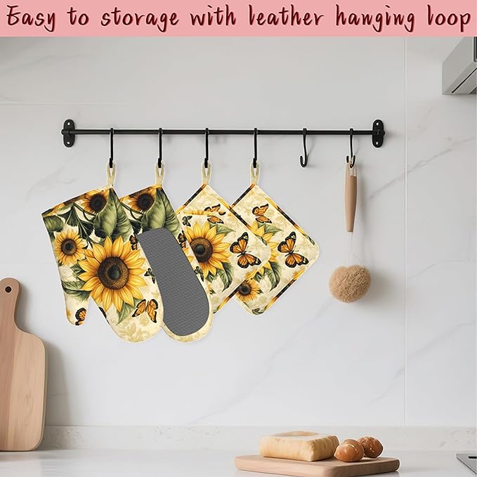 Vintage Sunflower Silicone Oven Mitts and Pot Holders,Butterfly Heat-Resistant 4 Piece Kitchen Set Non-Slip Oven Gloves and Hot Pads for Cooking, Baking, Grilling,BBQ