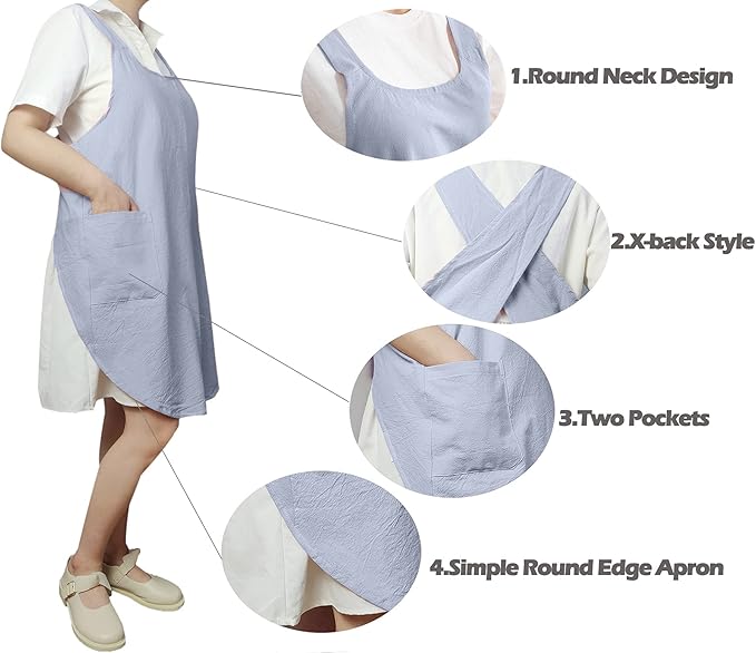 Cotton Cross Back Aprons Solid Color Cooking Kitchen Garden Smock for Women Girls with Pockets
