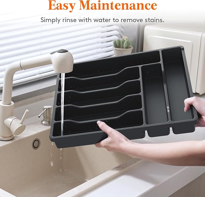 Lifewit Silverware Organizer with Lid, Covered Utensil Tray for Kitchen Drawer and Countertop, Plastic Cutlery and Flatware Storage Box for Spoons Forks Knives Holder Case, 29 x 37cm, Black