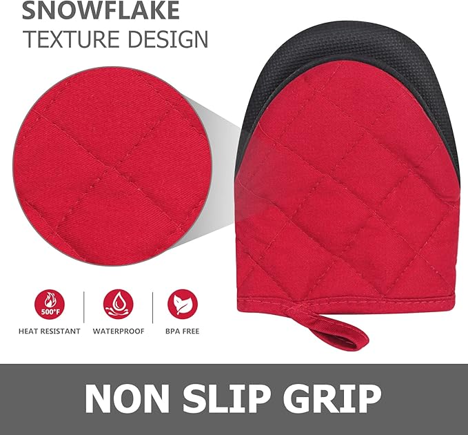 Short Oven Mitts, Heat Resistant 500°F, Silicone Grip Kitchen Gloves, Non-Slip for Baking, Grilling, BBQ, Machine Washable with Hanging Loop, 2-Pack Set, Red