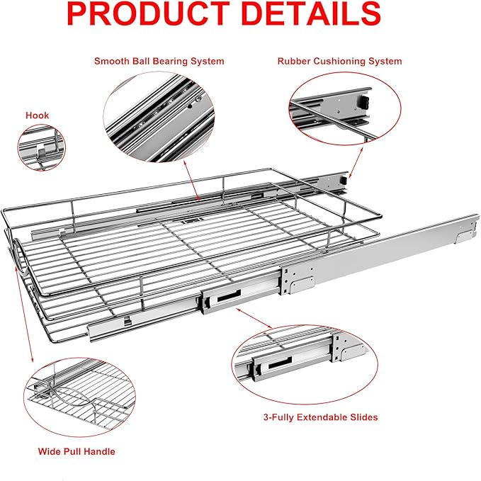 Sikarou Pull Out Cabinet Organizer 20" W x 21" D, Heavy Duty Kitchen Cabinet Pull Out Shelves, Slide Out Wire Basket for Kitchen Cabinets, Bathroom, Pantry, Chrome Finish