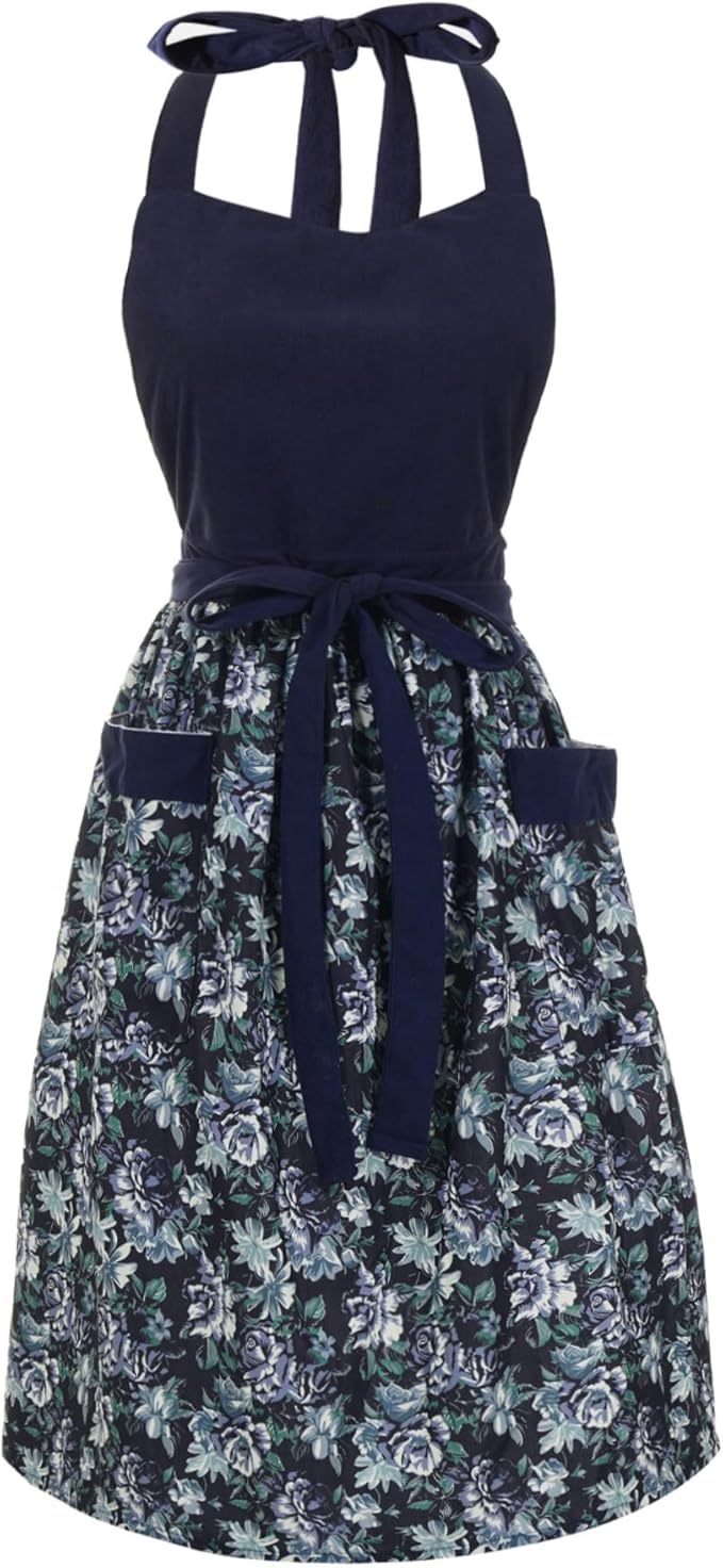 Cute Floral Aprons for Women with Pockets,Cotton Adjustable Neck Strap Apron for Kitchen Cooking Baking Gardening