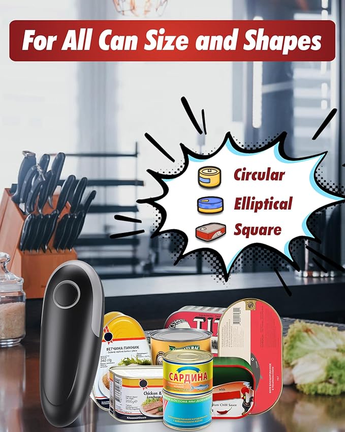 One Touch Electric Can Opener Fits All Can Sizes, Electric Can Openers for Kitchen Food Safe with Smooth Edge, Kitchen Gadgets Battery Operated Can Openers for Seniors, Arthritis and Chef Black+Grey