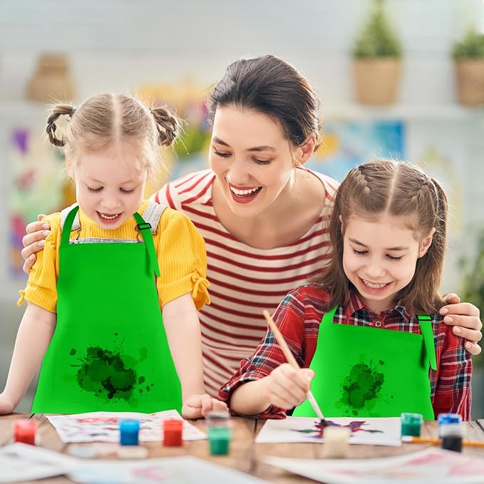12 Pack Kids Apron Bulk with 2 Pockets Adjustable Chef Art Apron Kids Painting Aprons for Cooking Baking Painting Crafting Grilling Activity（Green）