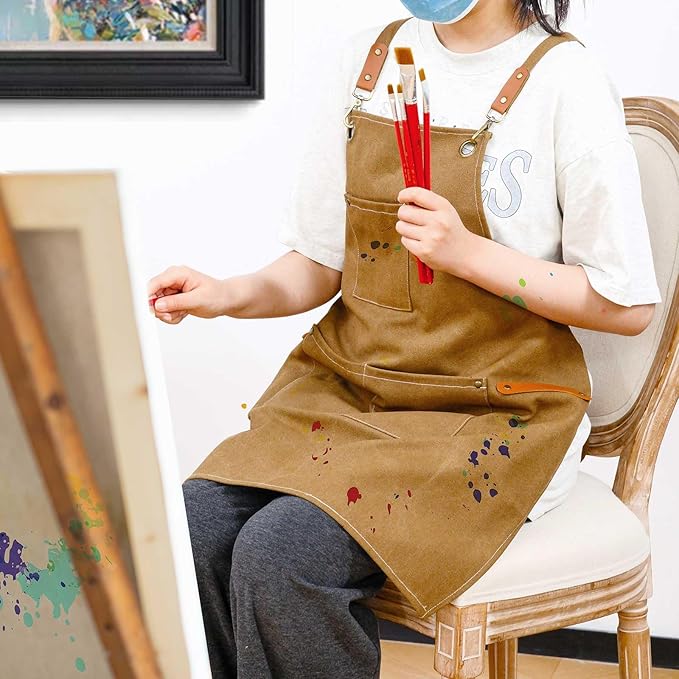 LZMS Chef Apron for Men & Women, Canvas Cross Back Work Apron with 3 Large Pockets, Water-Resistant, Adjustable Size M-XXL