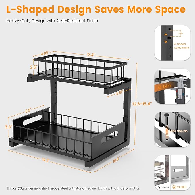Under Sink Organizer, Heavy Duty Metal Pull Out Cabinet Organizer Slide Out Sink Shelf Organizer Height Adjustable, Multi-Purpose Storage Shelf for Kitchen Bathroom(Black,1Pack)