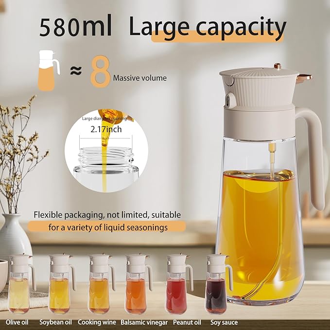 2025 New 19.6oz/580ml Olive Oil Sprayer for Cooking, Leak Glass Olive Oil Dispenser Bottle, 2 in 1 Oil Dispenser and Oil Sprayer, Switch Between Mist & Precision Pour for Air Fryer, BBQ, Salad,Baking