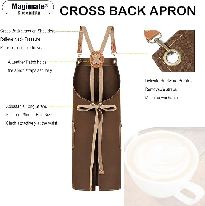 Chef Apron with Cross Back Straps for Men Women, Cotton Canvas Apron for Artists Painting, Kitchen Cooking