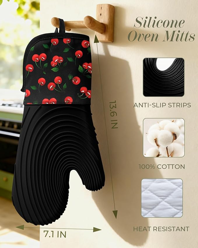 Slohif Long Silicone Oven Mitts Heat Resistant for Women - 2 Pcs Y2K Cherry 100% Cotton Oven Gloves, Non-Slip and Waterproof Silicone Oven Mitts with Hanger for Baking and Cooking