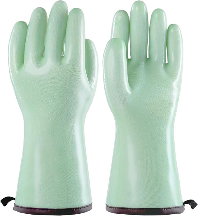 PACIFIC PPE Heat Resistant Oven Gloves, Food Grade Safety Gloves with Thickened Waterproof Silicone Coating for Cooking, Grilling, Baking, Smoker, Green, XXL/11