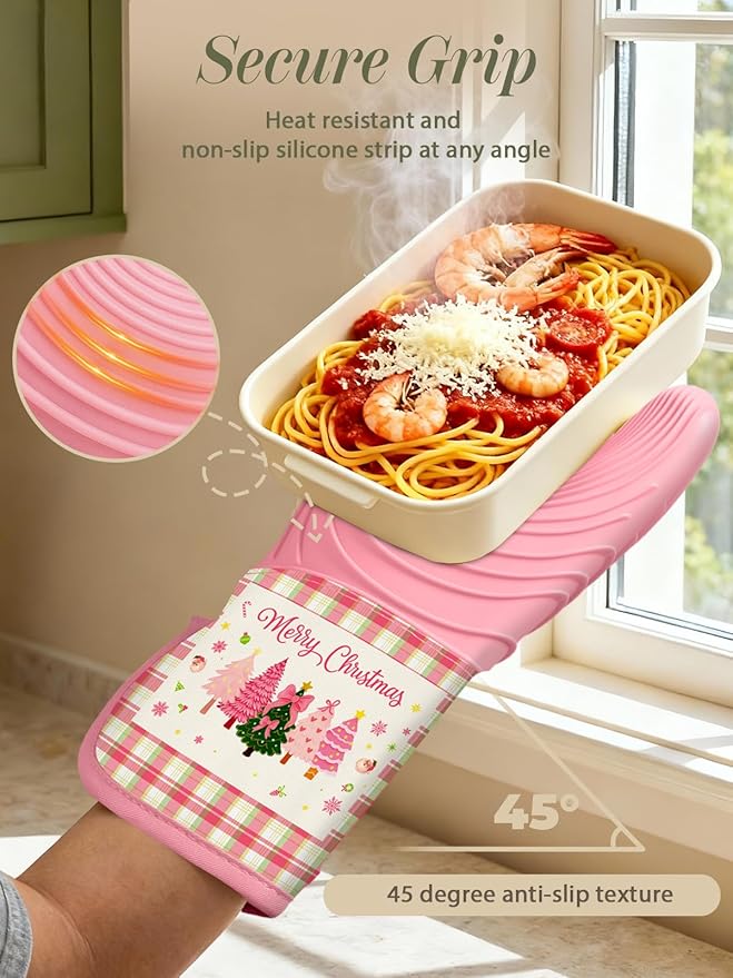 Slohif Long Silicone Oven Mitts Heat Resistant for Women - 2 Pcs Christmas 100% Cotton Oven Gloves, Non-Slip and Waterproof Silicone Oven Mitts with Hanger for Baking and Cooking