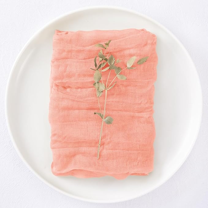 DeZerlor 12 Pack Coral Pink Cheesecloth Napkins Fall Thanksgiving Cloth Napkins Set of 12 Dinner Table Napkins Bulk 21x21 Inches for Thanksgiving Wedding Bridal Shower Baby Shower Xmas Party