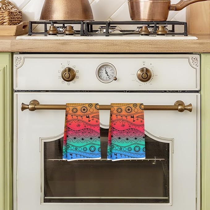 2 Pcs Colorful Boho Kitchen Towels, Soft Absorbent Tea Hand Towel, Microfiber Dish Cloths for Drying Dishes, Waffle Dish Towels for Kitchen Bathroom Home Decor, Housewarming Gifts for Women Mom