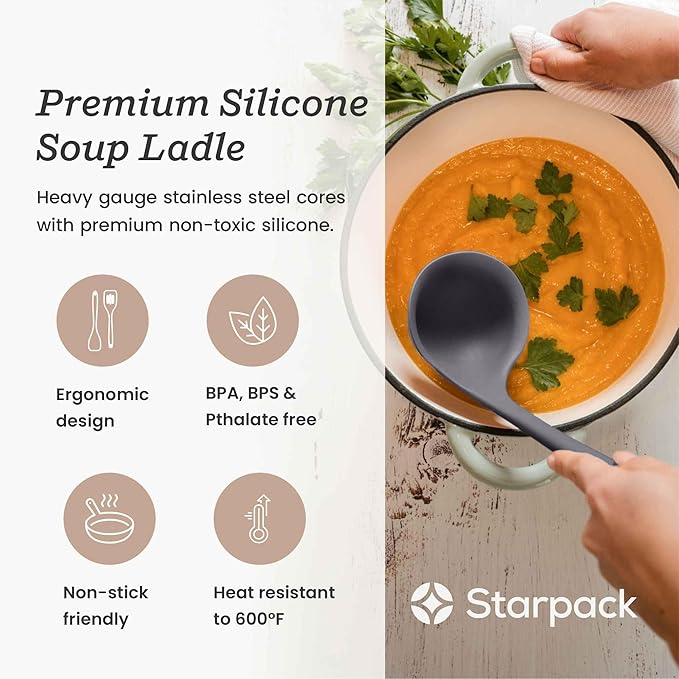 Starpack 'Ladle of Love' XL Premium Silicone Ladle Spoon - Soup High Heat Resistant to 600F - Kitchen Utensil for Serving, Non-Stick Cooking, LFGB Grade Rubber