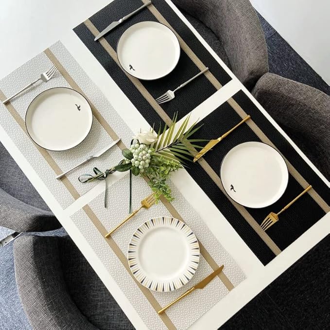 PIGCHCY Luxurious Placemats and Table Runner Set, Stylish Durable Placemats Set of 6 for Home Wedding Hotel Decoration (Black)
