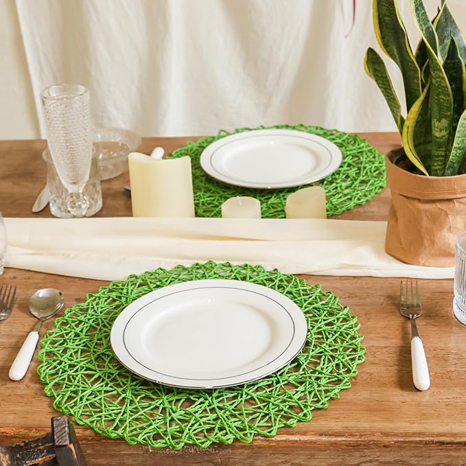 AHHFSMEI Paper Braided Round Placemats Set of 6 Natural Non-Slip Heat Resistant Table Mats for Dining Tables Woven Indoor Outdoor Place mats(Forest Green)