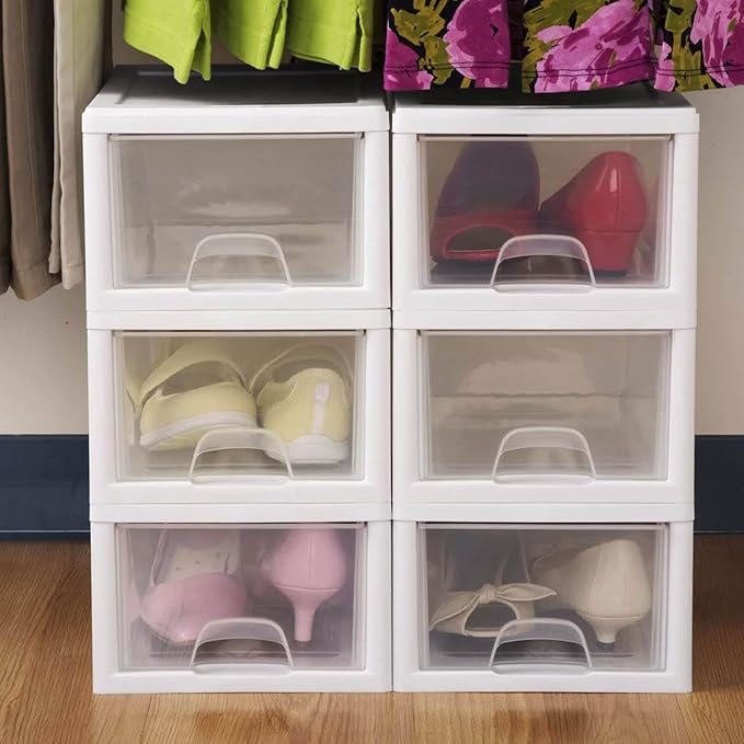 Sterilite 12-Pack 6 Quart Stacking Drawer, Clear Storage Closet Organizer, White Frame - Stackable Modular Plastic Drawers for Clothes, Accessories, Craft Supplies, Shoes or Linens